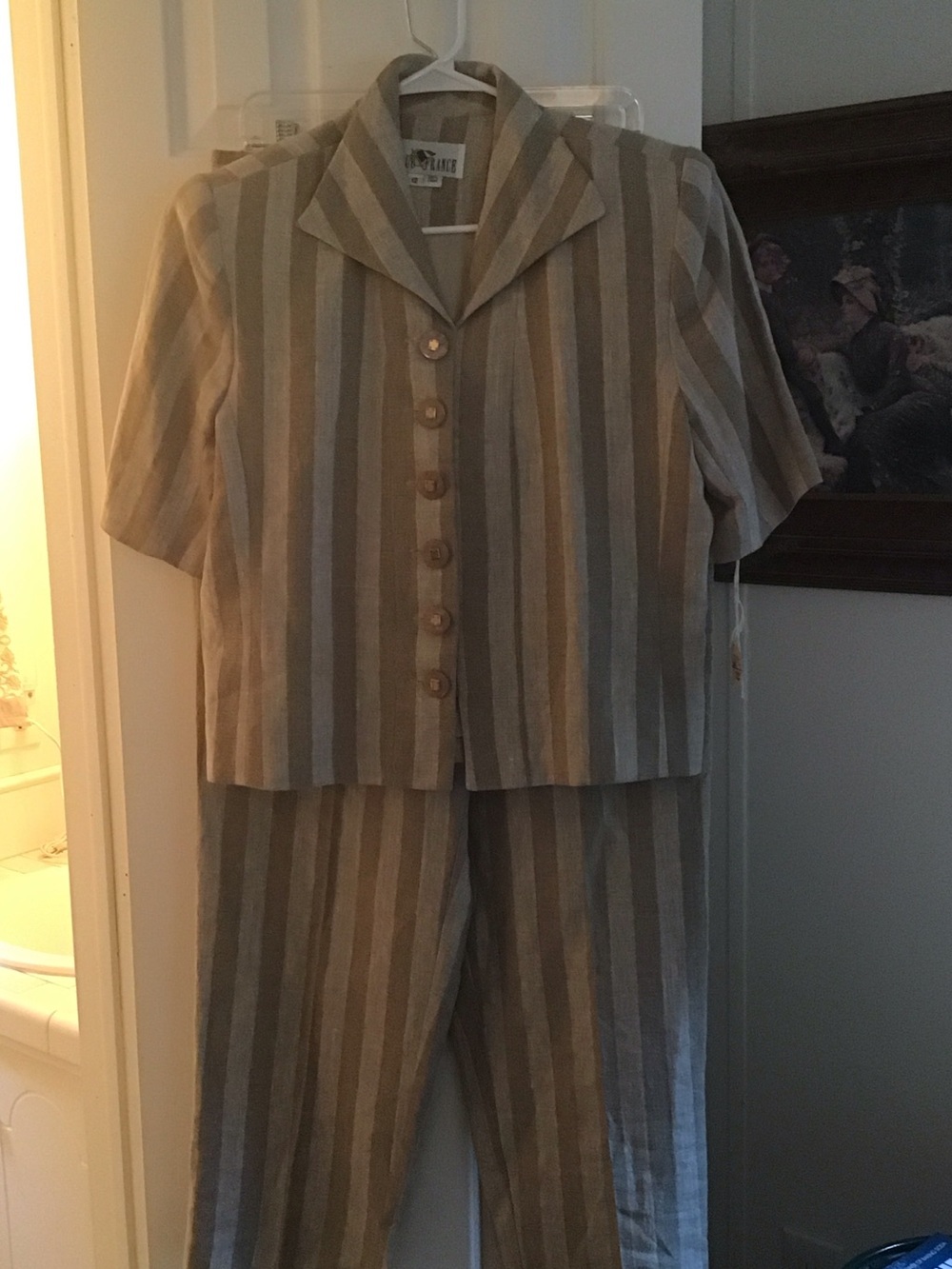 Women's Neutral Striped Pantsuit Set - Short Sleeve Button Top & Matching Pants